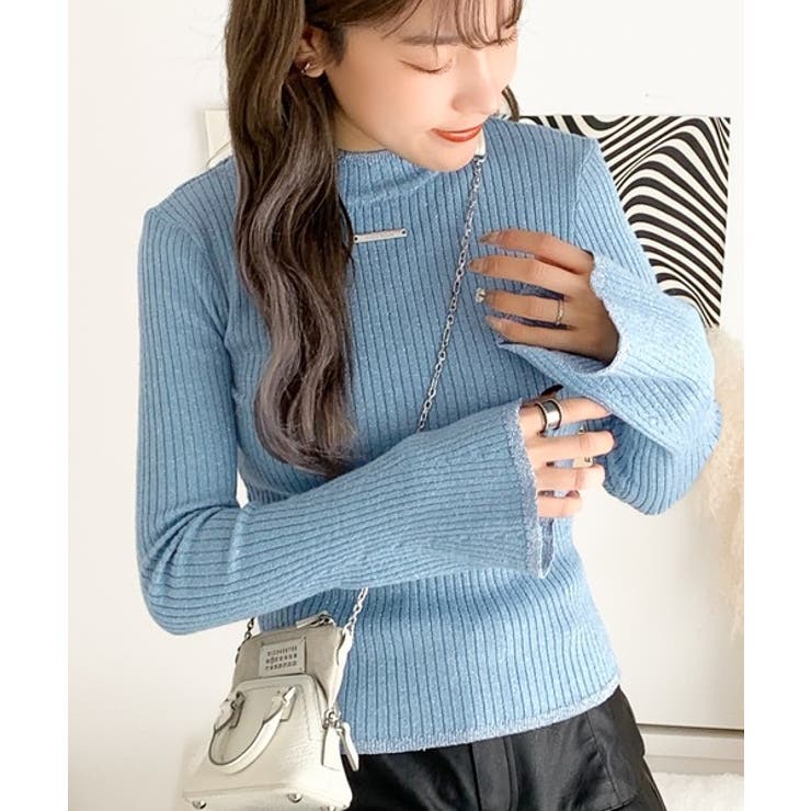 ブルー | 【mily bilet】きらめきと上品さ溢れる。ラメ入りリブプチハイ袖フレアニッ… | Classical Elf 