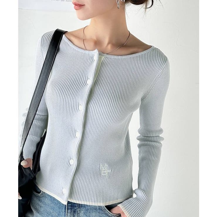 ブルー | 【mily bilet】女性らしさ漂う。裾配色ロゴ刺繍コンパクトニットカーディガ… | Classical Elf 