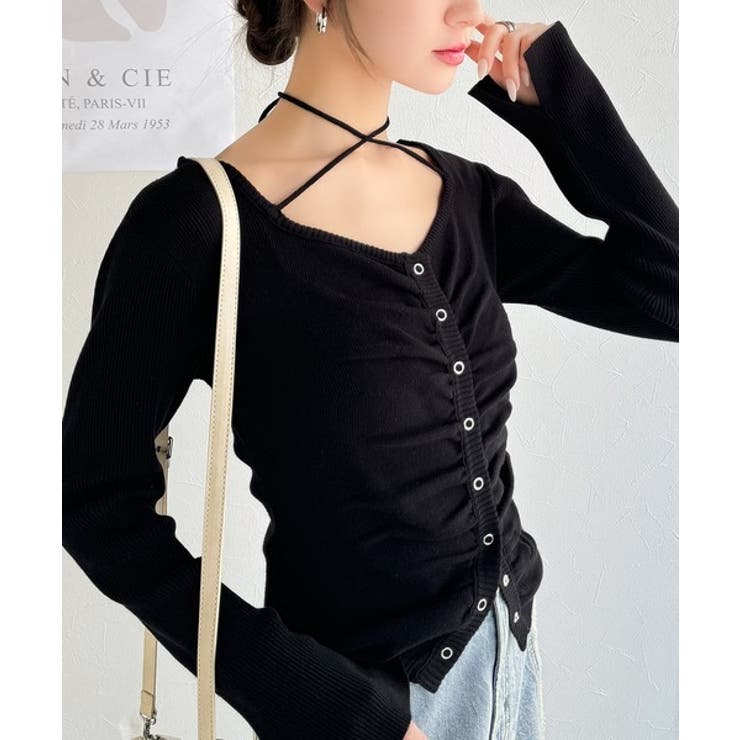 デコルテ華奢魅せ。チョーカー紐＆ブローチ付き胸シャーリングニットプルオーバー | Classical Elf  | 詳細画像9 