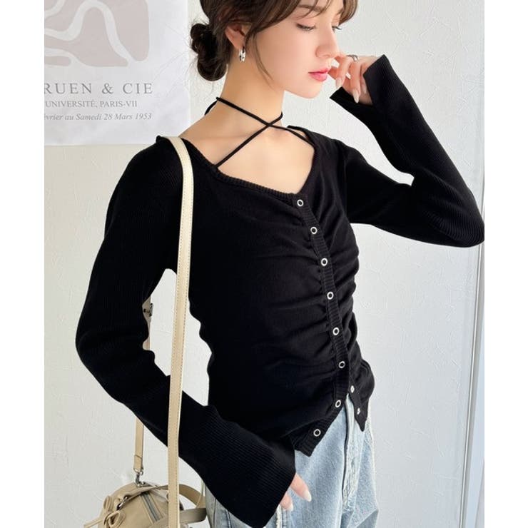 デコルテ華奢魅せ。チョーカー紐＆ブローチ付き胸シャーリングニットプルオーバー | Classical Elf  | 詳細画像11 