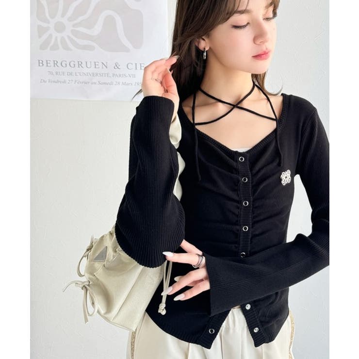 デコルテ華奢魅せ。チョーカー紐＆ブローチ付き胸シャーリングニットプルオーバー | Classical Elf  | 詳細画像12 