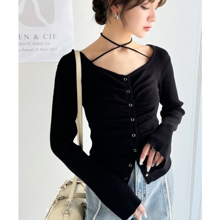 デコルテ華奢魅せ。チョーカー紐＆ブローチ付き胸シャーリングニットプルオーバー | Classical Elf  | 詳細画像13 