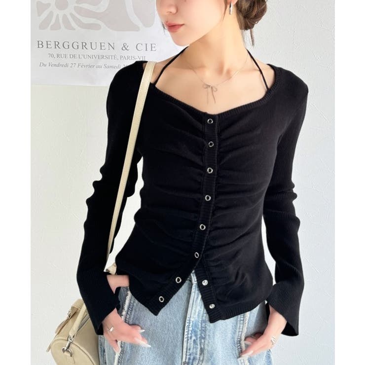 デコルテ華奢魅せ。チョーカー紐＆ブローチ付き胸シャーリングニットプルオーバー | Classical Elf  | 詳細画像14 