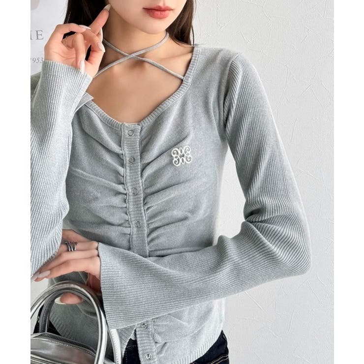 デコルテ華奢魅せ。チョーカー紐＆ブローチ付き胸シャーリングニットプルオーバー | Classical Elf  | 詳細画像18 