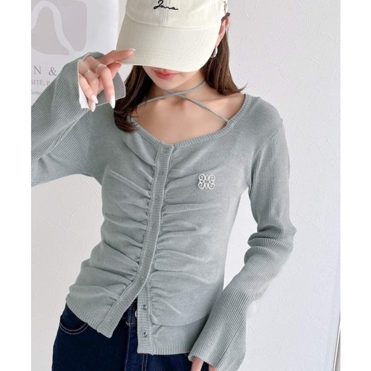 デコルテ華奢魅せ。チョーカー紐＆ブローチ付き胸シャーリングニットプルオーバー | Classical Elf  | 詳細画像20 