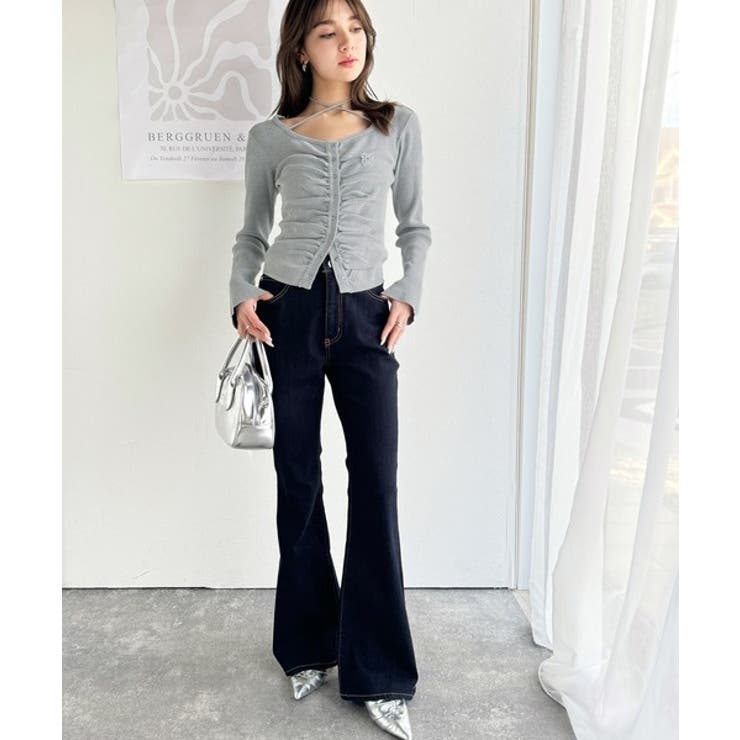 デコルテ華奢魅せ。チョーカー紐＆ブローチ付き胸シャーリングニットプルオーバー | Classical Elf  | 詳細画像21 