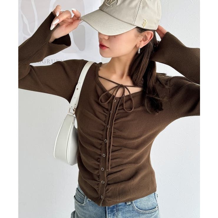 デコルテ華奢魅せ。チョーカー紐＆ブローチ付き胸シャーリングニットプルオーバー | Classical Elf  | 詳細画像25 