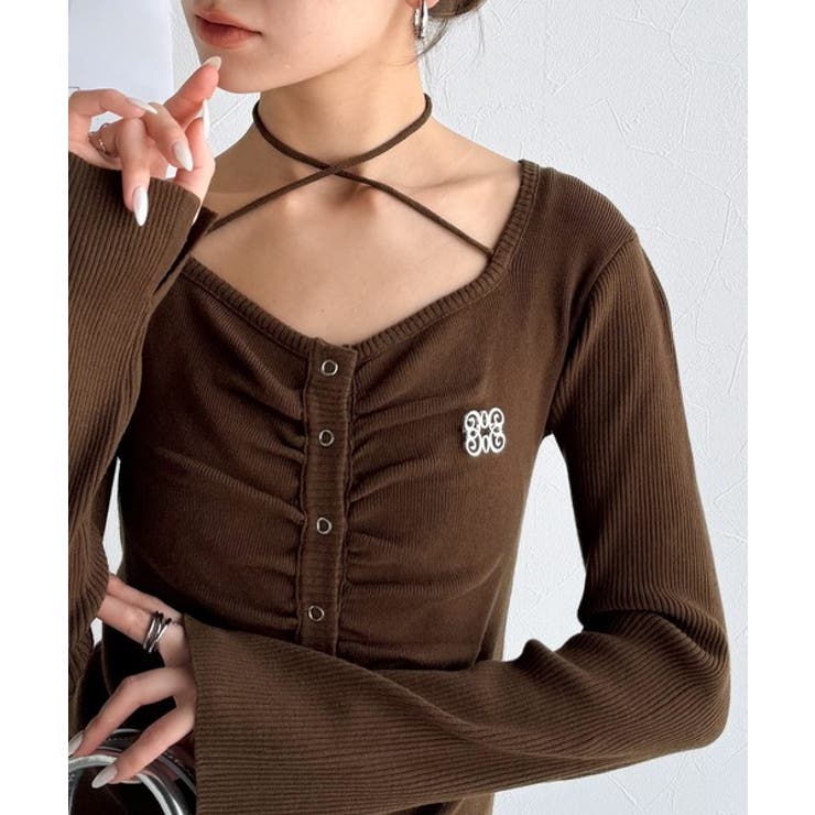 デコルテ華奢魅せ。チョーカー紐＆ブローチ付き胸シャーリングニットプルオーバー | Classical Elf  | 詳細画像26 