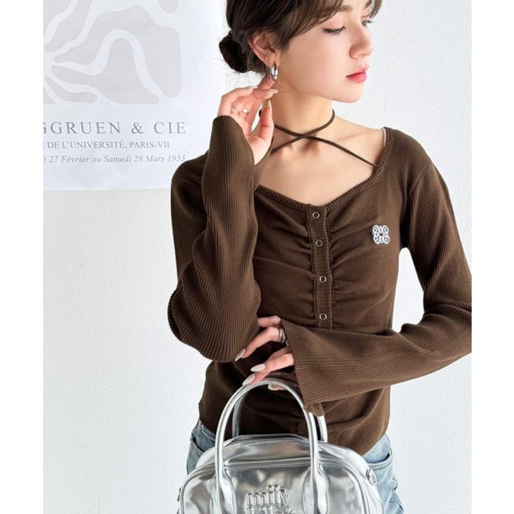 デコルテ華奢魅せ。チョーカー紐＆ブローチ付き胸シャーリングニットプルオーバー | Classical Elf  | 詳細画像27 