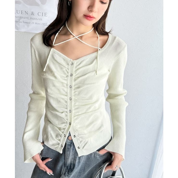 デコルテ華奢魅せ。チョーカー紐＆ブローチ付き胸シャーリングニットプルオーバー | Classical Elf  | 詳細画像5 