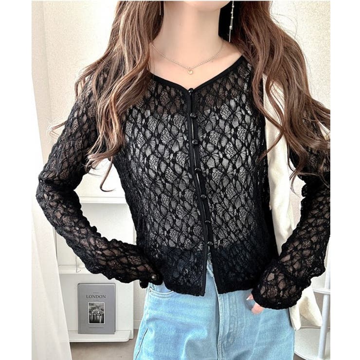 美品 アンナモリナーリ カーディガン レース　リブニット アイボリー×ブラック フリンジニットカーディガン/AnriettMusée（アンリエットミュゼ