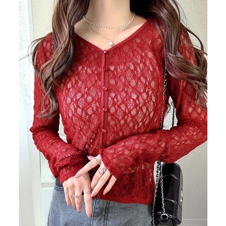 華奢見えレースで大人の甘さを。クリアボタンシアーレースカーディガン