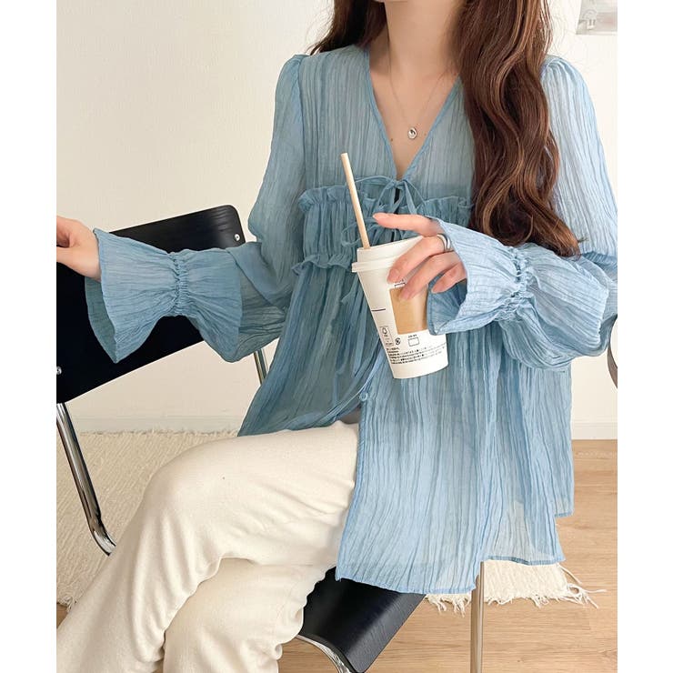 mily bilet】軽やかガーリー。リボン使いシアー楊柳フリルカーディガン