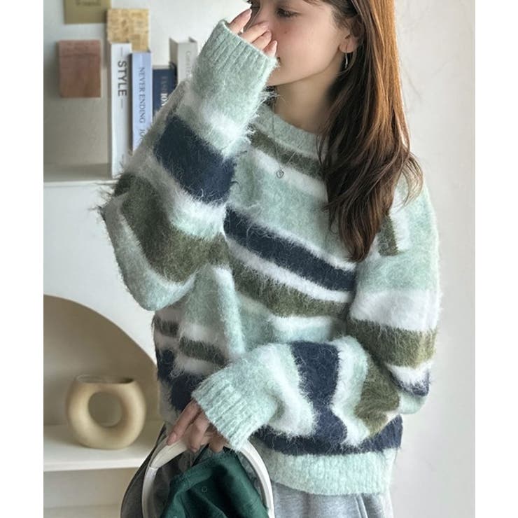 ブルー | カラフルミックスで視線釘付け。マルチボーダーシャギーニットプルオーバー | Classical Elf 