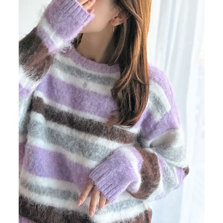 パープル | カラフルミックスで視線釘付け。マルチボーダーシャギーニットプルオーバー | Classical Elf 