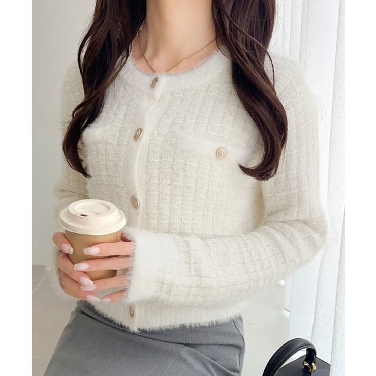 mily bilet】ツィードライクフェザー切り替えラメニット