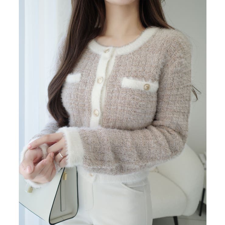 ベージュ | 【mily bilet】ツィードライクフェザー切り替えラメニットジャケット | Classical Elf 
