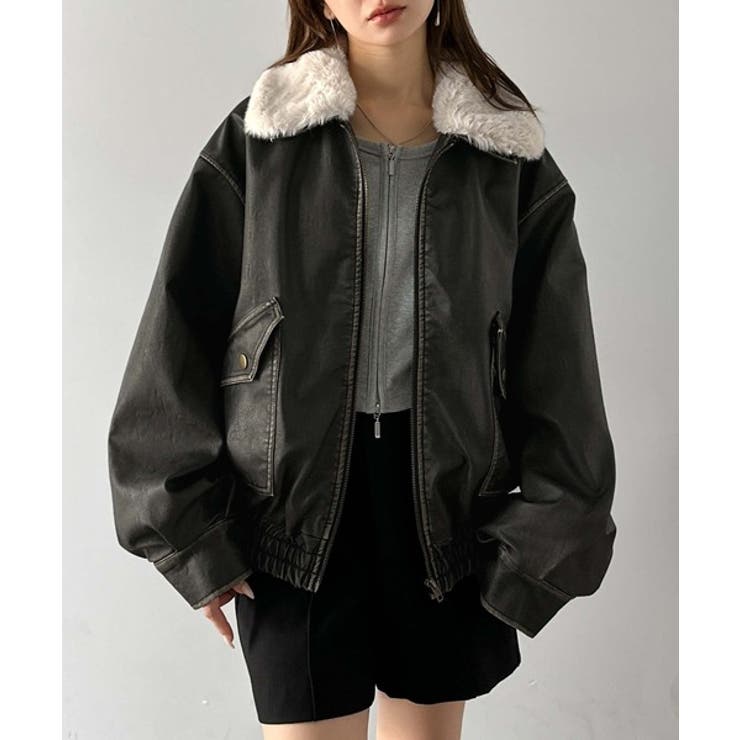 ファー襟取り外し可能◎ヴィンテージライクダメージフェイクレザー