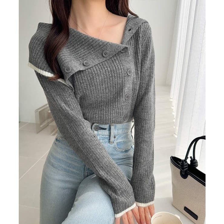 ワザありカラーで華やかさをプラス◎アシンメトリーカラー見せ裾配色多ボタンニット | Classical Elf  | 詳細画像7 