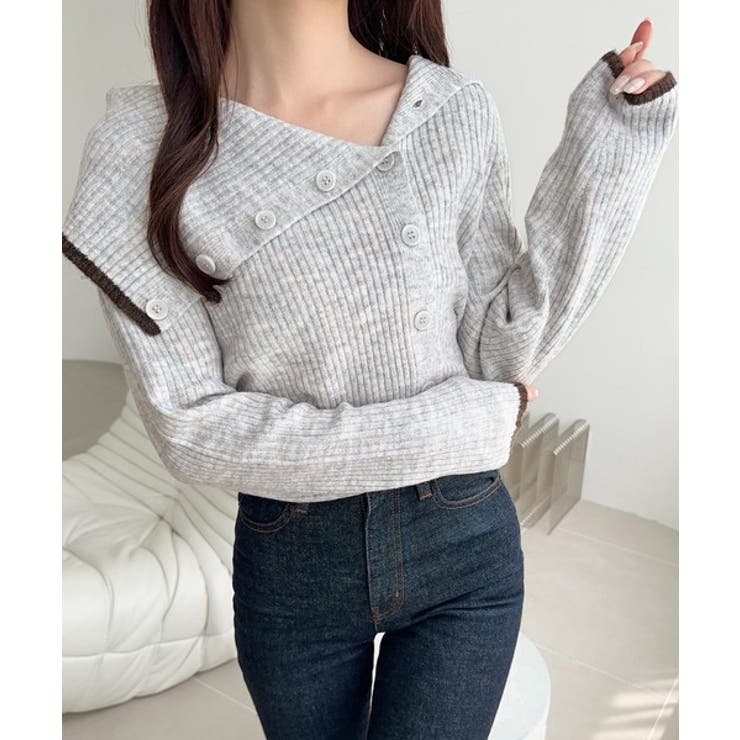 ワザありカラーで華やかさをプラス◎アシンメトリーカラー見せ裾配色多ボタンニット | Classical Elf  | 詳細画像8 