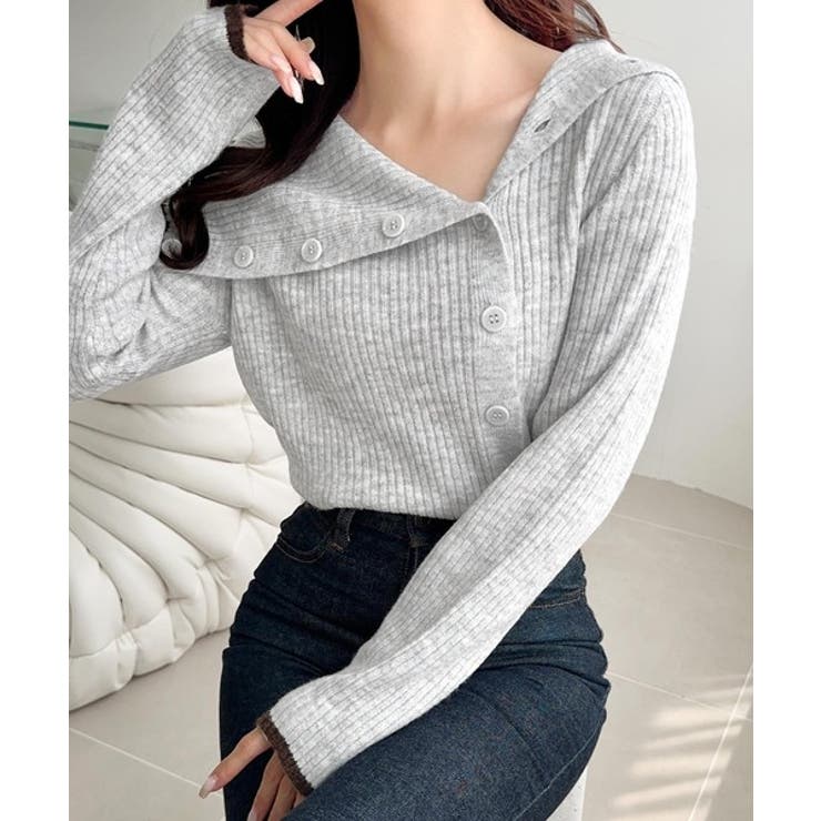 ワザありカラーで華やかさをプラス◎アシンメトリーカラー見せ裾配色多ボタンニット | Classical Elf  | 詳細画像13 