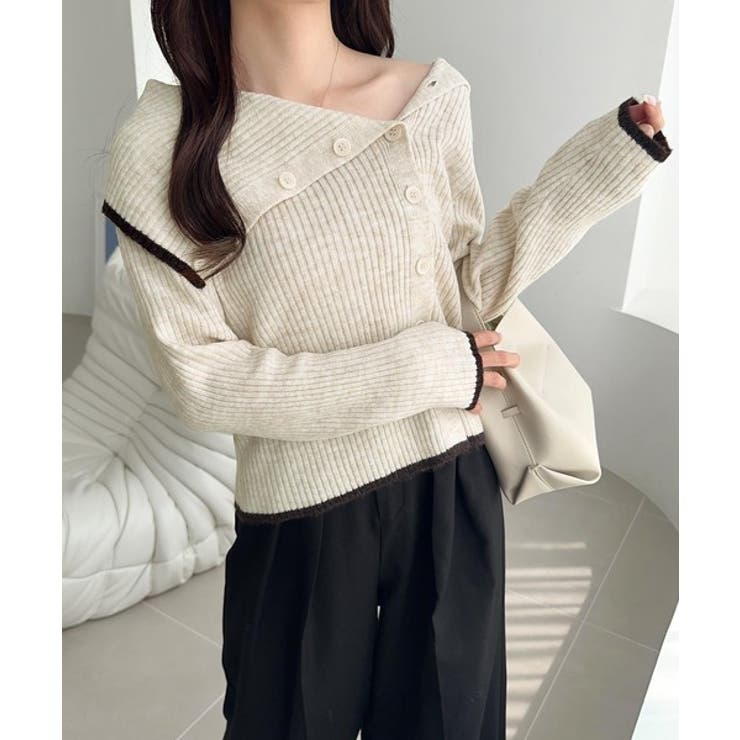 ワザありカラーで華やかさをプラス◎アシンメトリーカラー見せ裾配色多ボタンニット | Classical Elf  | 詳細画像21 