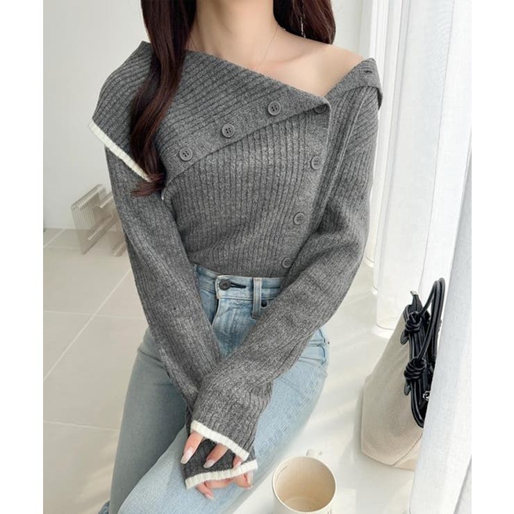 ワザありカラーで華やかさをプラス◎アシンメトリーカラー見せ裾配色多ボタンニット | Classical Elf  | 詳細画像1 