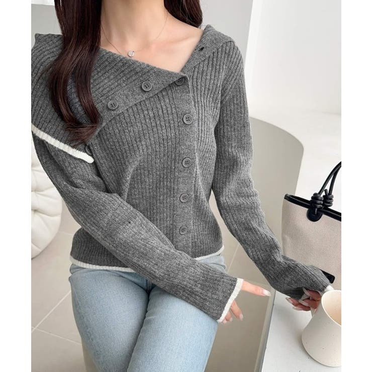 ワザありカラーで華やかさをプラス◎アシンメトリーカラー見せ裾配色多ボタンニット | Classical Elf  | 詳細画像5 