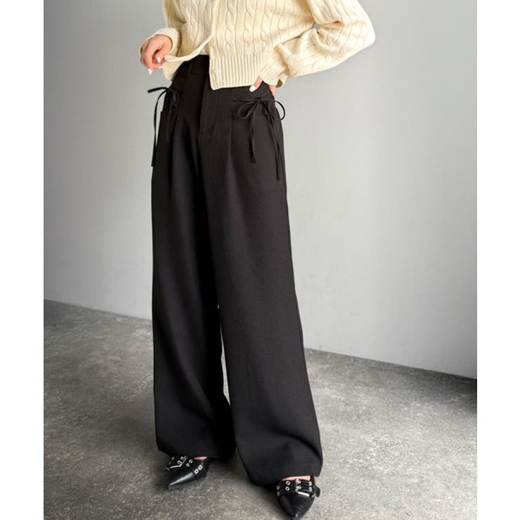 ブラック | 【mily bilet】タック入りストライプリボンワイドパンツ | Classical Elf 