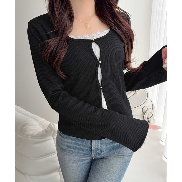 ブラック | 【mily bilet】重ね着風デザインで華やかに♪ レースキャミフェイクレイヤ… | Classical Elf 