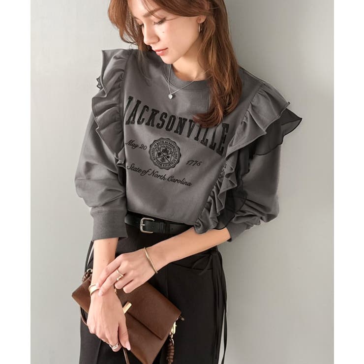 チャコール | 【mily bilet】チュールとフリルで甘く着る。ダブルフリルカレッジロゴ刺繍… | Classical Elf 