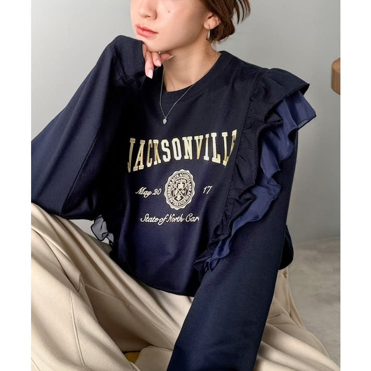 ネイビー | 【mily bilet】チュールとフリルで甘く着る。ダブルフリルカレッジロゴ刺繍… | Classical Elf 