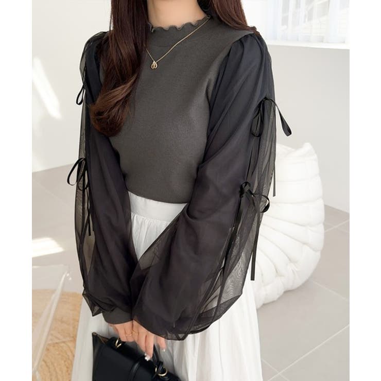 チャコールグレー | 【mily bilet】大人可愛いふんわりスリーブが魅力♪サイドスリットリボンチ… | Classical Elf 