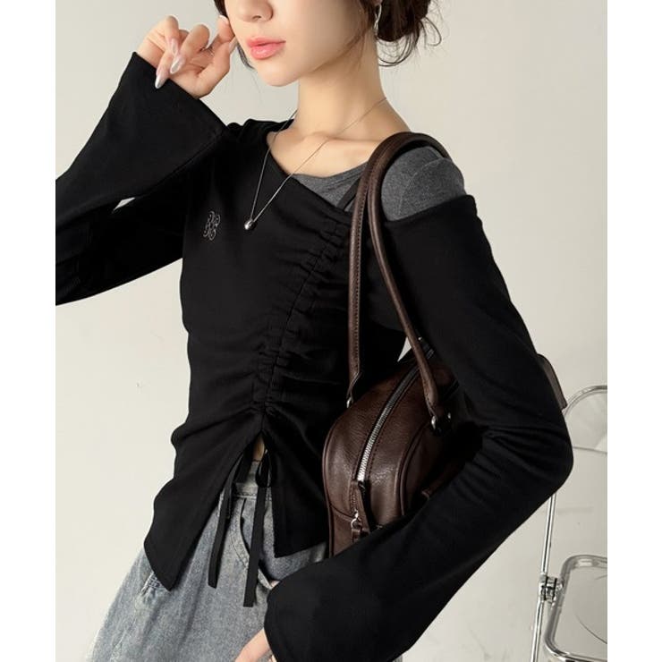 美しいシルエット！アシメネックレイヤード風シャーリング使い袖フレア胸刺繍カットソ… | Classical Elf  | 詳細画像8 