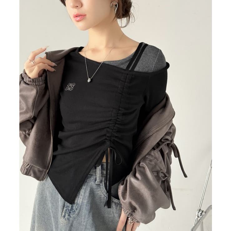 美しいシルエット！アシメネックレイヤード風シャーリング使い袖フレア胸刺繍カットソ… | Classical Elf  | 詳細画像12 