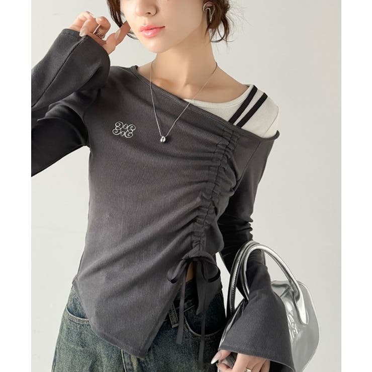 美しいシルエット！アシメネックレイヤード風シャーリング使い袖フレア胸刺繍カットソ… | Classical Elf  | 詳細画像13 