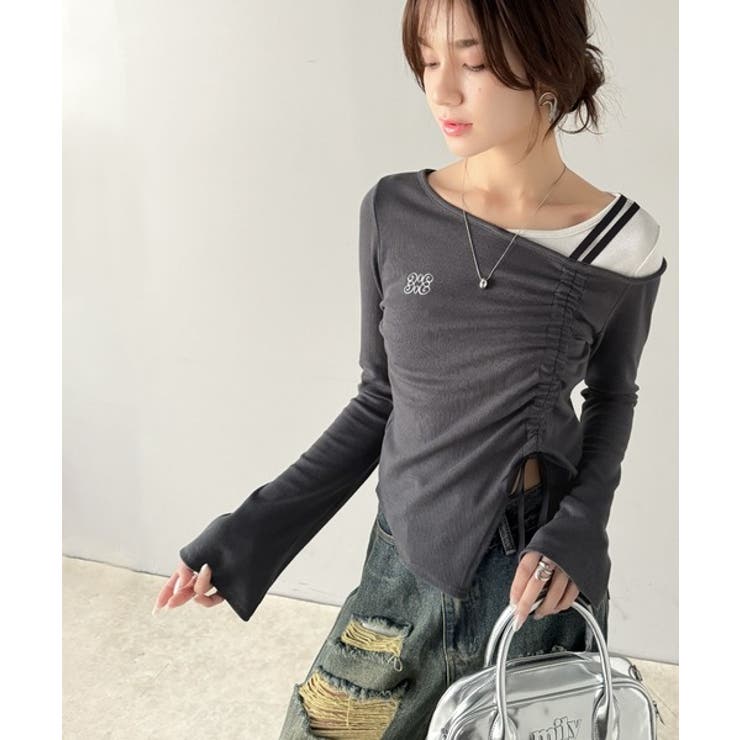 美しいシルエット！アシメネックレイヤード風シャーリング使い袖フレア胸刺繍カットソ… | Classical Elf  | 詳細画像14 