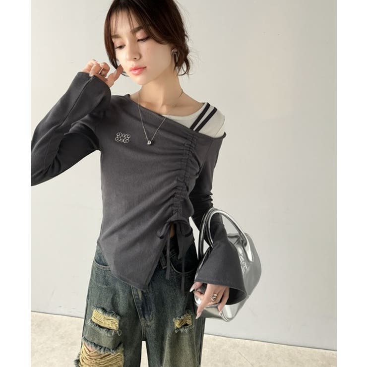 美しいシルエット！アシメネックレイヤード風シャーリング使い袖フレア胸刺繍カットソ… | Classical Elf  | 詳細画像15 