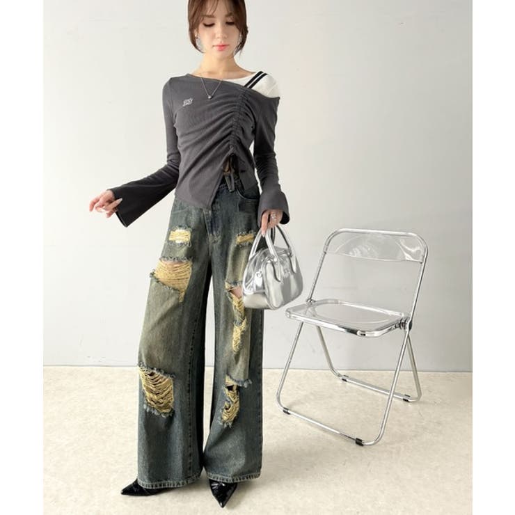 美しいシルエット！アシメネックレイヤード風シャーリング使い袖フレア胸刺繍カットソ… | Classical Elf  | 詳細画像16 