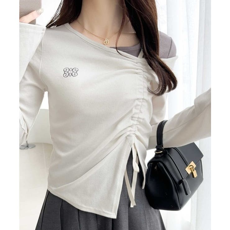 美しいシルエット！アシメネックレイヤード風シャーリング使い袖フレア胸刺繍カットソ… | Classical Elf  | 詳細画像3 