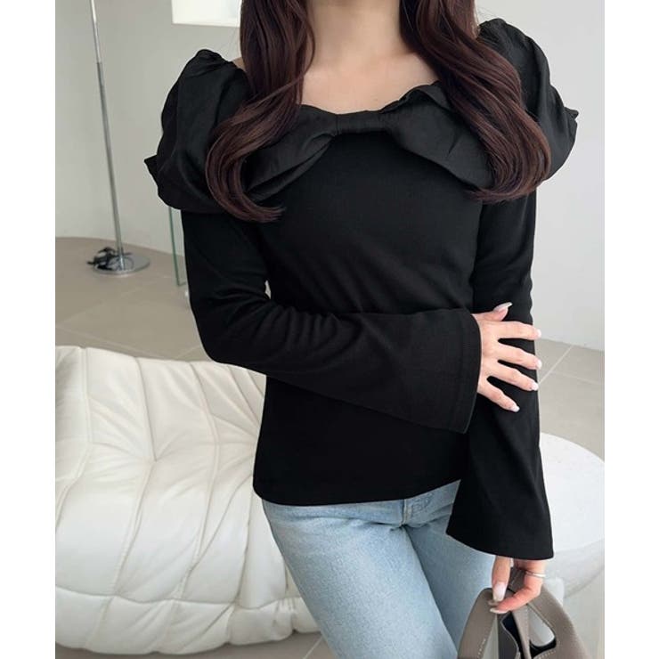 ブラック | 大人フェミニンを叶える♪オフショル２WAYオーガンジーリボンプルオーバー | Classical Elf 