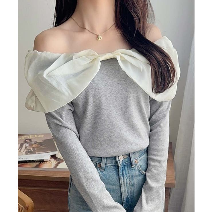 グレー | 大人フェミニンを叶える♪オフショル２WAYオーガンジーリボンプルオーバー | Classical Elf 