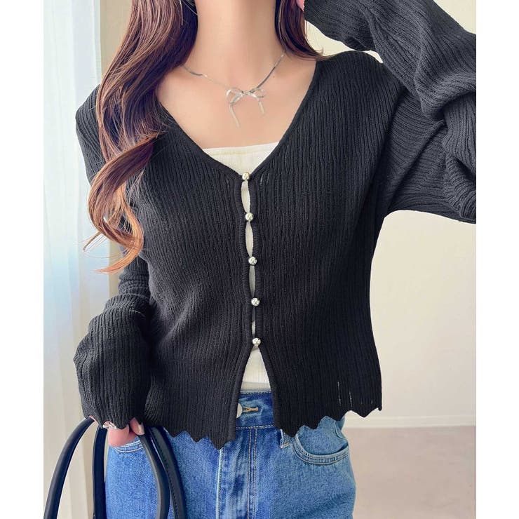 ブラック | 【mily bilet】透け感と上品なきらめきで魅せる♪ 透かし編みシルバーボタ… | Classical Elf 