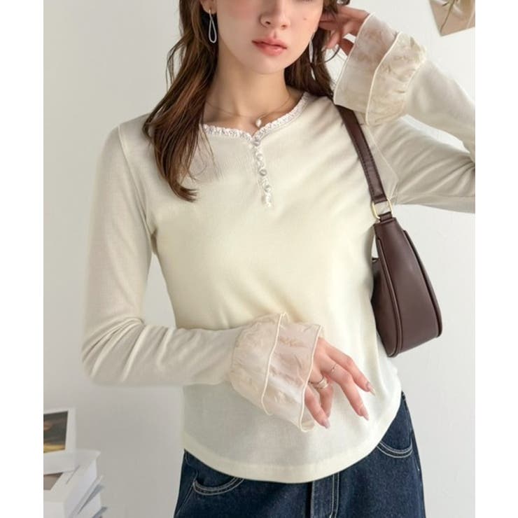 【mily bilet】大人フェミニンを叶える。袖フリルレースヘンリーネックトッ… | Classical Elf  | 詳細画像2 