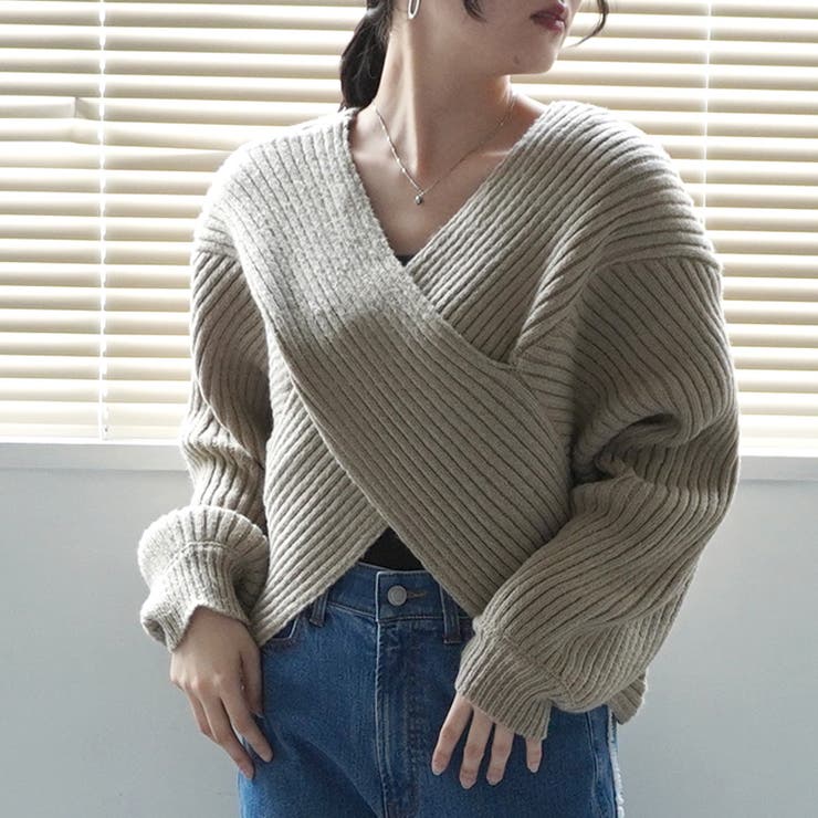 51.ベージュ | 2WAYクロスデザインニット プルオーバー トップス 秋冬 | SELECT LEVERY 