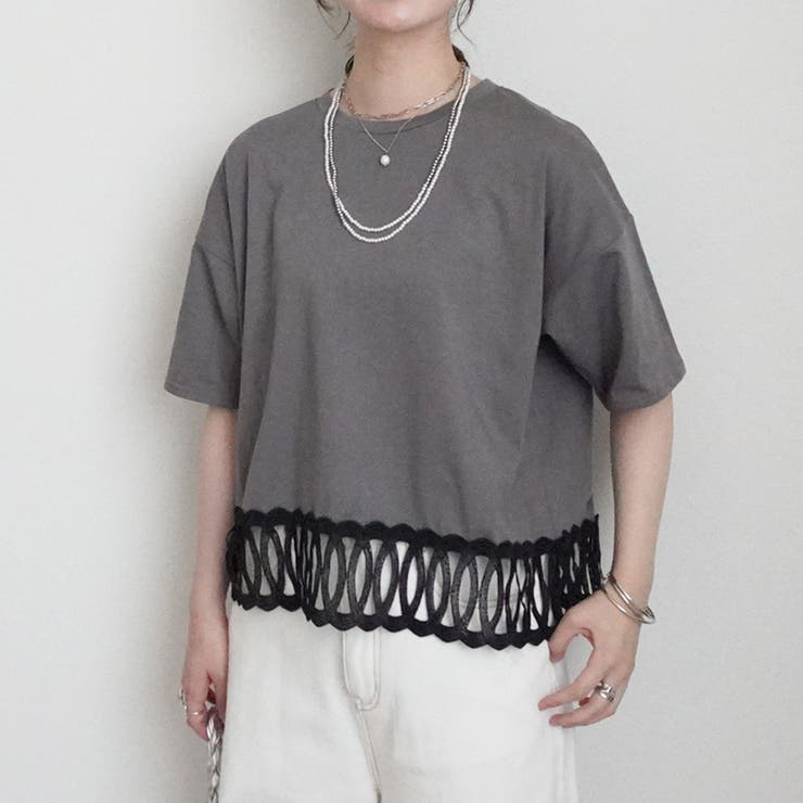 チャコール | 裾BIGレースルーズ半袖Tシャツ レースTシャツ 異素材 トップス | SELECT LEVERY 