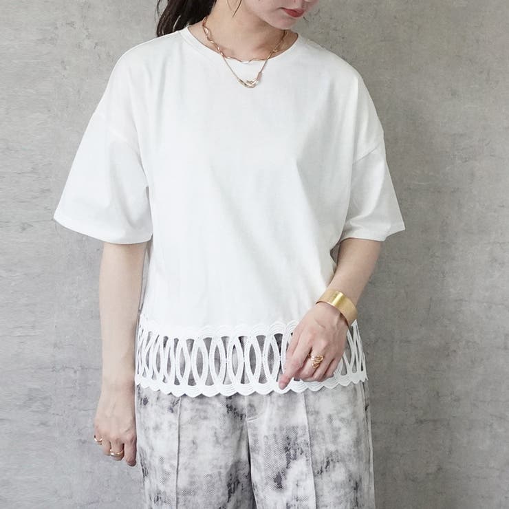 オフ | 裾BIGレースルーズ半袖Tシャツ レースTシャツ 異素材 トップス | SELECT LEVERY 