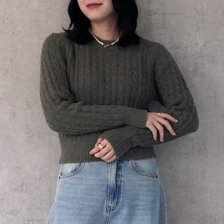 細ケーブルクロップド丈ニット ショートニット プルオーバー トップス