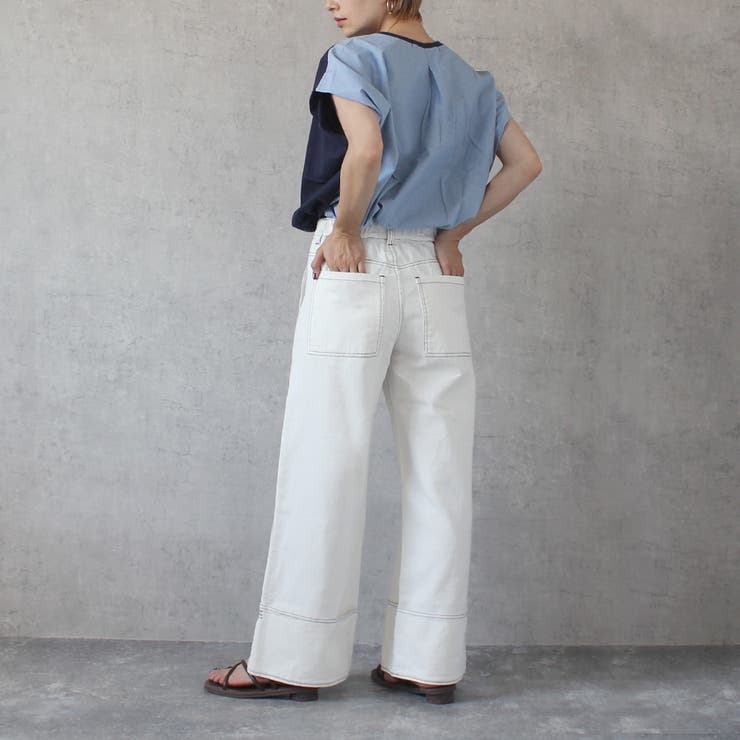 ホワイト | 配色 ステッチ ワイドデニム | SELECT LEVERY 