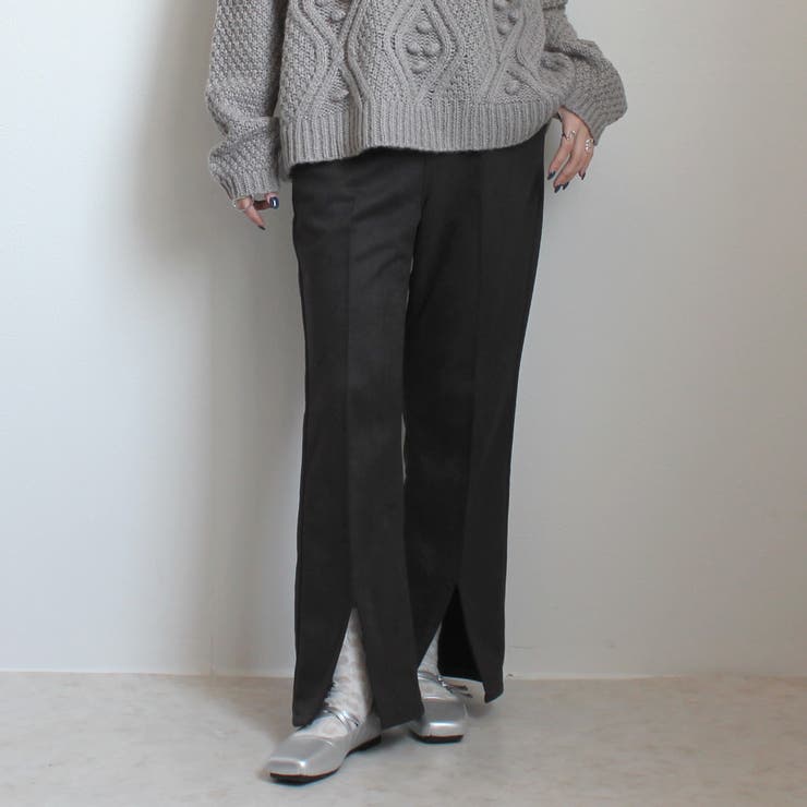 チャコール | フェイクスエードセミフレアパンツ ボトムス スリット ロング 秋冬 春 | SELECT LEVERY 
